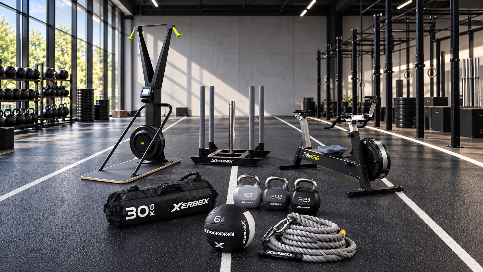 XERBEX HYROX training equipment: SkiErg, sled, rower, kettlebells, wall ball and sandbag in a commercial gym